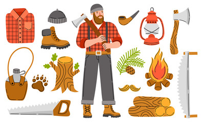 Lumberjack flat vector icons collection