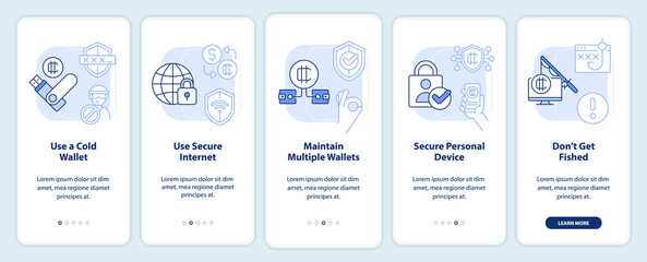 Crypto wallet security light blue onboarding mobile app screen. Walkthrough 5 steps editable graphic instructions with linear concepts. UI, UX, GUI template. Myriad Pro-Bold, Regular fonts used