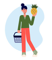 Female smiling shopping with market basket and pineapple in her hands. Vector flat modern minimalist illustration