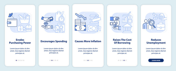 Effects of inflation light blue onboarding mobile app screen. Walkthrough 5 steps editable graphic instructions with linear concepts. UI, UX, GUI template. Myriad Pro-Bold, Regular fonts used