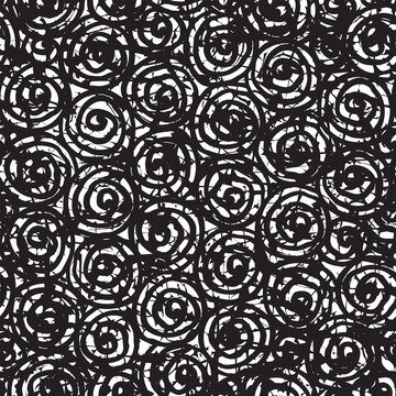 Abstract seamless pattern with tangled spiral black doodles. Repeating vector background. Graphic print for wallpaper, wrapping paper, fabric, clothes. Squiggle freehand texture in grunge style