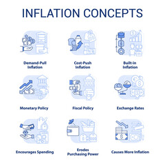Inflation light blue concept icons set. Types and causes. Purchasing power idea thin line color illustrations. Isolated symbols. Editable stroke. Roboto-Medium, Myriad Pro-Bold fonts used