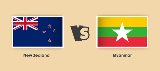 Obraz na płótnie Canvas New Zealand vs Myanmar flags placed side by side. Creative stylish national flags of New Zealand and Myanmar with background