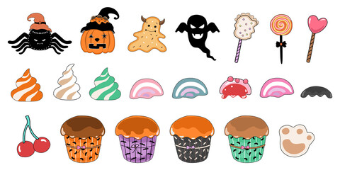 Halloween decoration elements Designed in doodle style on white background. Perfect for Halloween themed decorations, cards, stickers, digital prints, art for kids, craft and more.