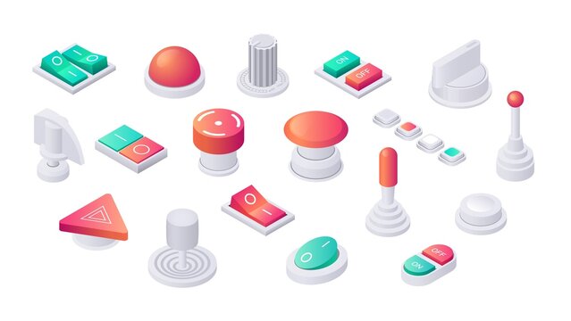 Isometric buttons. 3D toggles switches and sliders, analog control panel regulators isolated set, volume levers and radio adjustment controllers. Vector collection