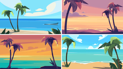 Set of landscapes with palm trees. Beautiful summer seascapes.