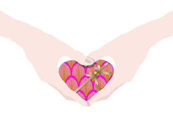 Obraz premium Hands holding heart shaped pink art nouveau gift with gold ribbon bow, realistic minimalist illustration vector.