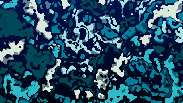Abstract background. Pattern of blue chaotic spots, particles. Plexus of fragments. Computer screensaver. Terrazzo technique. Corrosion. Banner for art, technology, presentation, business.