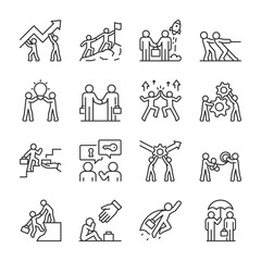 Mentoring, teamwork with a mentor Set of icons. Leadership. Business Collaboration. People achieving success together, help and mentorship, linear icon collection. Line with editable stroke