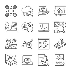 IT analytics icons set. Data analysis, big data. Data Scientist. Processing and visualization, linear icon collection. Line with editable stroke