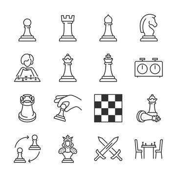 Chess icons set. Game, chess pieces, linear icon collection. Line with editable stroke
