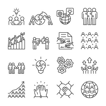 Business cooperation icons set. People work together for the growth and success of the company. A team of employees working toward a goal. Teamwork, linear icon collection. Line with editable stroke