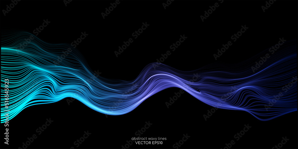 Poster Vector wave lines smooth flowing dynamic blue green gradient light isolated on black background for concept of technology, digital, communication, science, music