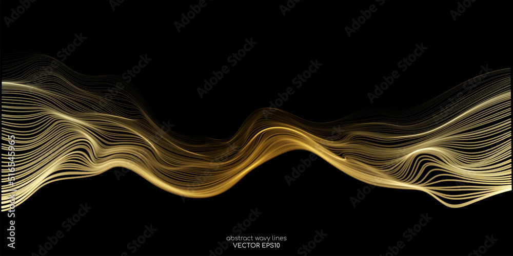 Poster Vector wave lines smooth flowing dynamic gold gradient light isolated on black background for concept of luxury, technology, digital, communication, science, music
