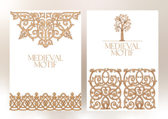 Byzantine traditional historical motifs of animals, birds, flowers and plants Template for wedding invitation, greeting card, banner, gift voucher, label. Vector illustration.
