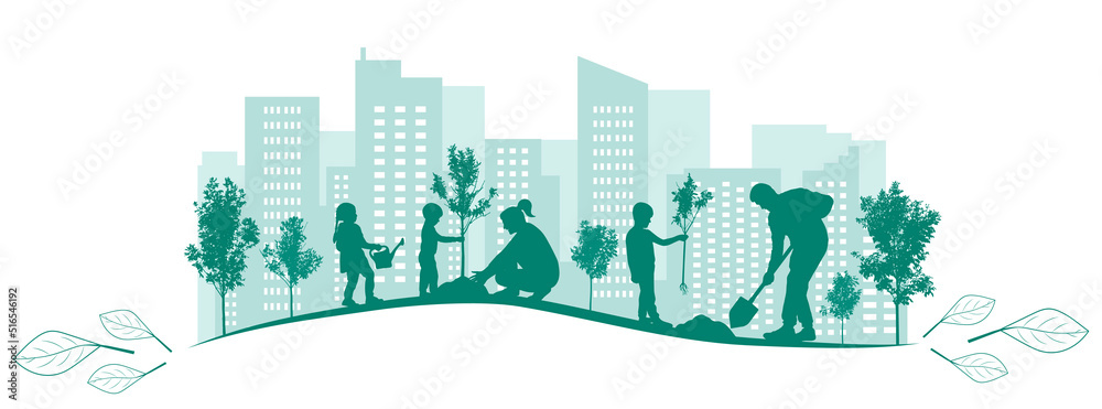 Wall mural Green city. Planting trees by large family in yard, park. Landscaping of town. Vector illustration