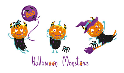 Funny pumpkin monsters.  Halloween illustration. Kids print. Vector.