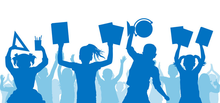 Back to school. Happy school children with school supplies on background of cheerful crowd of children. Color silhouette. Vector illustration.