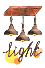 watercolor illustration Edison lamps, loft style lamp metallic glass on rope, on a wooden board with inscription light