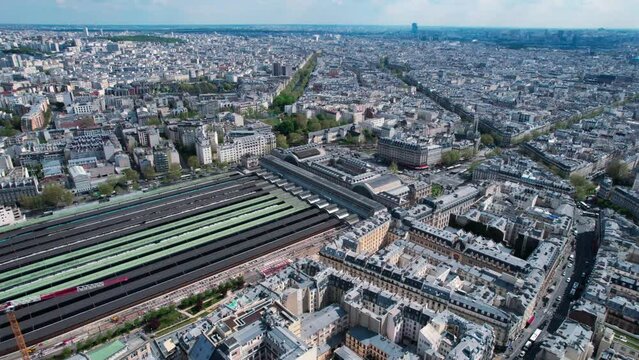 Birdseye view of Paris France train station Gare du Nord and city. 
