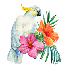 White parrot cockatoo. Palm leaves, hibiscus flower, tropical bird, isolated white background, watercolor jungle design