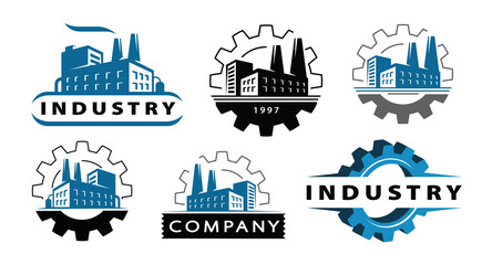Fototapeta premium Factory with pipe and gear logo. Energy industrial concept. Industry symbol set vector
