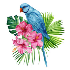 Palm leaves, hibiscus flower and blue parrot, isolated white background, watercolor painting, jungle design