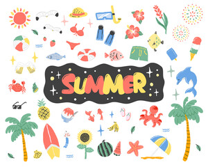 38個の夏のフラットデザインイラストセット　ベクター素材