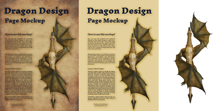 Ultra-high-resolution dragon (100 Mpx) 3D rendered with transparent background. Select the isolated dragon easily to change the background and make your custom poster easily, like the left example.
