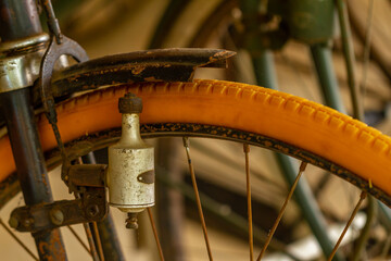 Close up of an old bicycle with a classic model