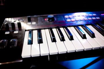 Synth key close-up photos. background of piano keyboard, close up electronic piano keys. background...