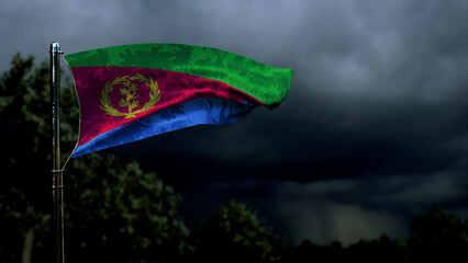 Eritrea flag for national holiday on dark storm cumulus - abstract 3D rendering