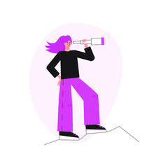 Vector flat illustration with young woman holding spyglass.