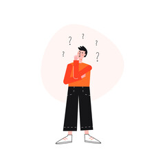 Vector flat illustration with man thinking about his options. Deсision making process.