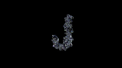 crystal glowing clear brilliants letter J on black, isolated - object 3D illustration