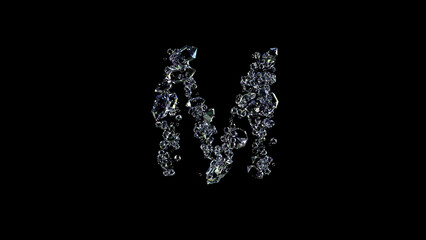 crystal shining transparent brilliants letter M on black, isolated - object 3D illustration