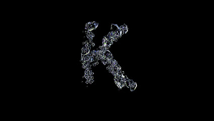crystal glowing clear diamonds letter K on black, isolated - object 3D rendering