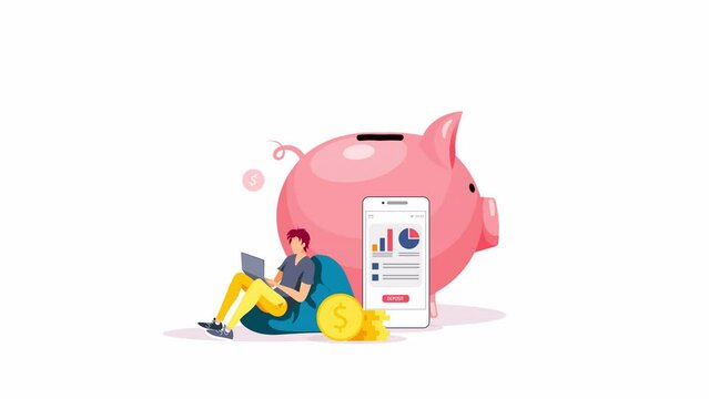 Piggy bank in the form of a piglet, phone, coins and working man. Money saving or accumulating, Financial services, Mobile app, Internet banking concept. Animation video.
