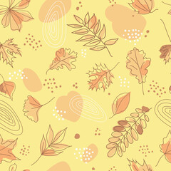 Seamless pattern of autumn leaves and abstract elements in pastel colors. Leaves of maple, oak, ash, acacia, dots spots and lines on a yellow background. Line art, vector.