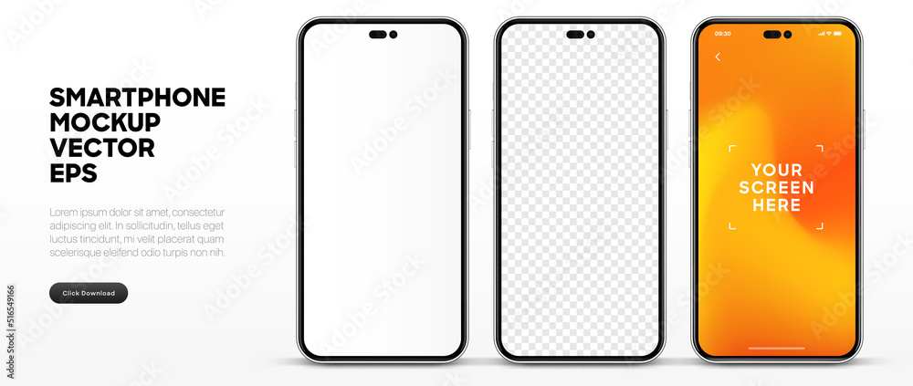 Fototapete Realistic smartphone mockup isolated with transparent screens. Smart phone mockup collection. Device front view. 3D mobile phone with shadow on white background. Realistic, flat and line style