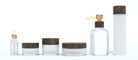 Set of six different frosted glass cosmetic cream jars and bottles with wooden lids, beauty and care product packaging and branding 3D render mockup