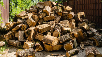 Preparing for the winter heating season. Huge pile of stumps is unloaded on roadway in village. Close-up. Oak firewood for wood-burning stove is sawn from dry fallen trees.