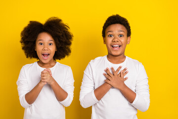 Photo of two astonished excited siblings open mouth stare speechless isolated on yellow color background