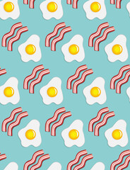 Scrambled eggs with bacon seamless pattern on blue background