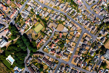 Top down aerial view of UK city suburbs