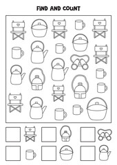 Counting game with cute camping pictures. Black and white worksheet.