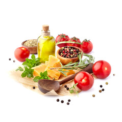 Fresh tomatoes with basil leaves, rosemary,  pepper, olive oil and cheese  isolated on white background. Ripe tomatoes with spices.
