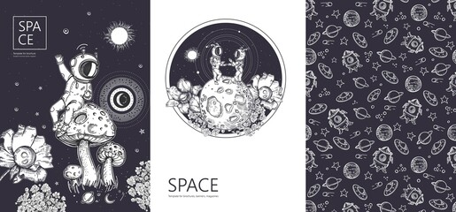 Set of space banners. Space background. Astronaut, flower and planet.