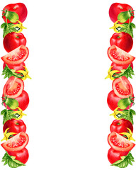 watercolour illustration with tomatos, leaves, flowers, spase for text with red vegetables, hand drawn sketch