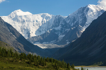 Landscape of Roerich. Akkem Valley. In the background is Belukha Mountain. A view of the mountain lake, Russia, Siberia, Altai, Katunsky ridge.